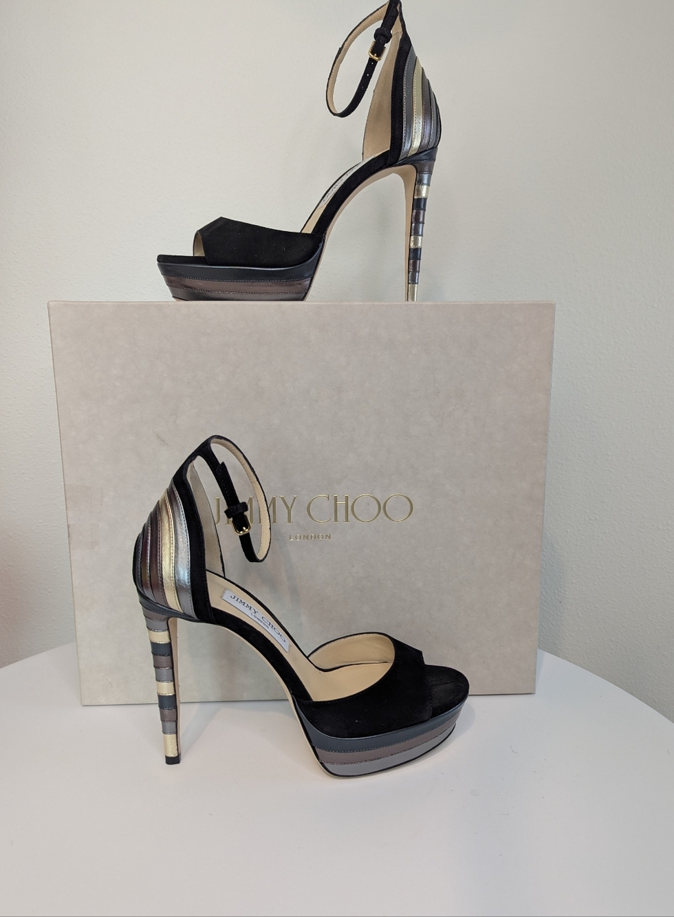 Jimmy Choo Max 120 Black Suede Metallic Platform Stilettos  Size 38 EU 8